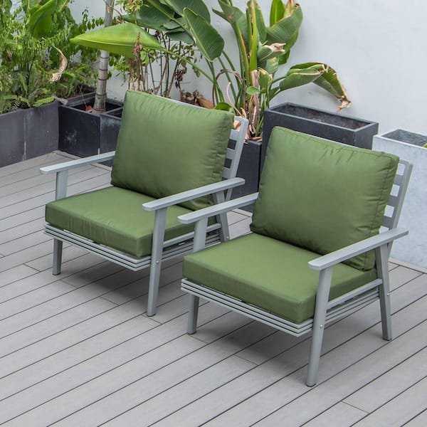 Leisuremod Walbrooke Modern Grey Outdoor Arm Chair with Powder Coated Aluminum Frame and Removable Cushions in Green Set of 2