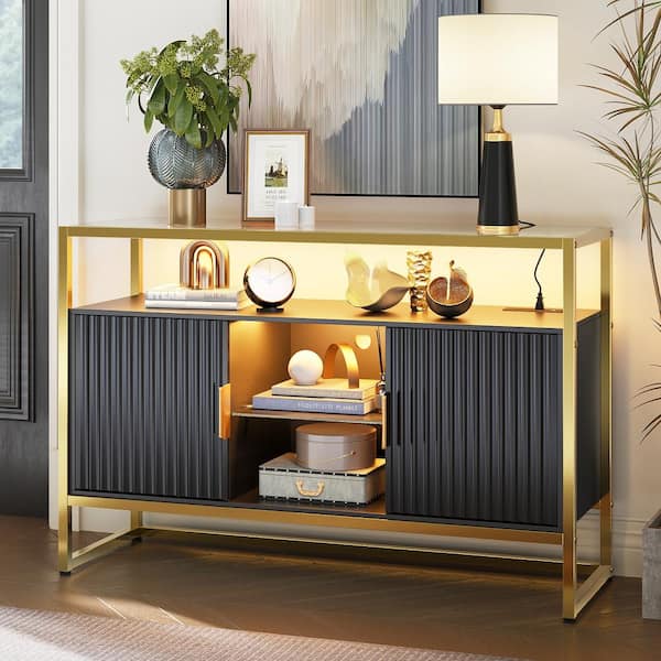 Bestier Black and Tempered Glass 45.67 in. Sideboard with 2-Cabinets, Adjustable Shelves, Power Outlets, LED Lights