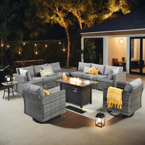 Echo 11-Piece Wicker Patio Rectangular Fire Pit Set with Dark Gray Cushions and Swivel Rocking Chairs