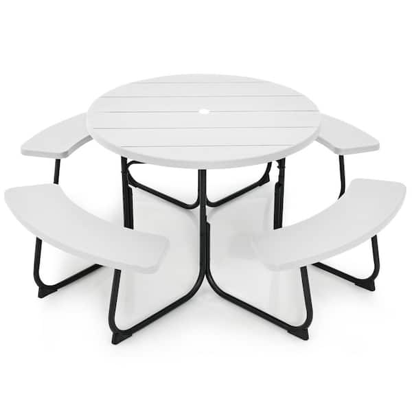 Costway 75 in. White Round Picnic Table Outdoor Bench Set Seats 8-People with 4 Benches and Umbrella Hole