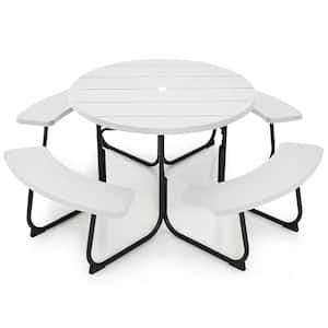 75 in. White Round Picnic Table Outdoor Bench Set Seats 8-People with 4 Benches and Umbrella Hole