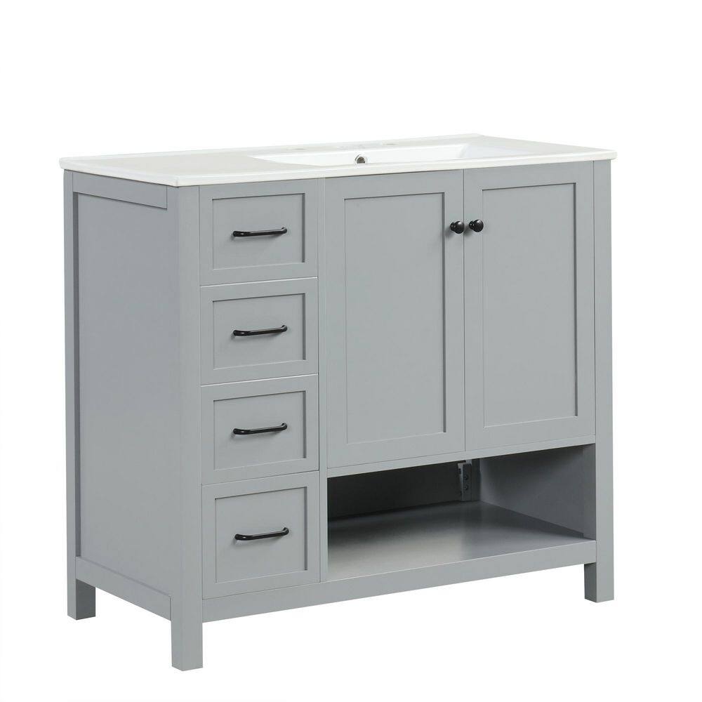 36 in. W x 18 in. D x 34 in. H Single Sink Freestanding Gray Bath Vanity with White Ceramic Top and Open Shelf price history on PriceWatchPro