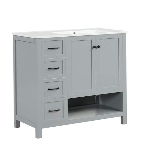 36 in. W x 18 in. D x 34 in. H Single Sink Freestanding Gray Bath Vanity with White Ceramic Top and Open Shelf