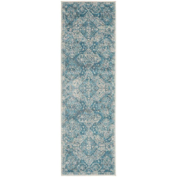 Nourison Tranquil Light Blue/Ivory 2 ft. x 7 ft. Geometric Traditional Kitchen Runner Area Rug