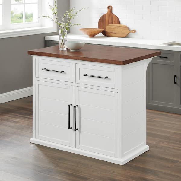 Tileon Cream White Kitchen Island Set w/ 2-Stools Rustic Wood