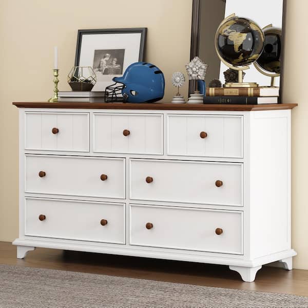 Harper & Bright Designs White and Walnut 7-drawer 61 in. Wide Dresser