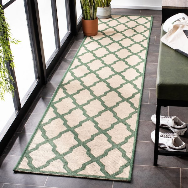 Linden Cream/Green 2 ft. x 8 ft. Border Geometric Diamonds Indoor/Outdoor Runner Rug