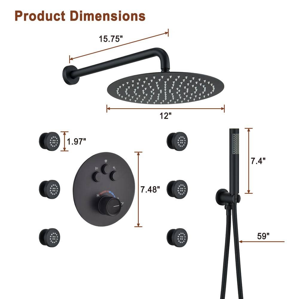 Matte Black Stainless Steel Wall Mounted Shower System with Rainfall and Body Jets