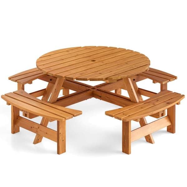1-Piece Wood 8-Person Outdoor Dining Set Round Picnic Table Set with 4 Built-In Benches 2 in. Umbrella Hole, Yellow