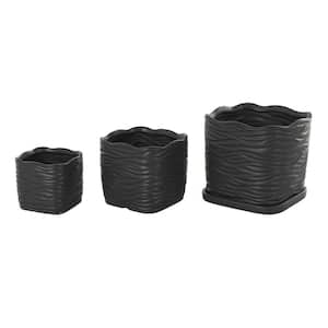 7 in. 6 in. and 5 in. Small Black Ceramic Wavy Ribbed Planter with Attached Saucer (3-Pack)