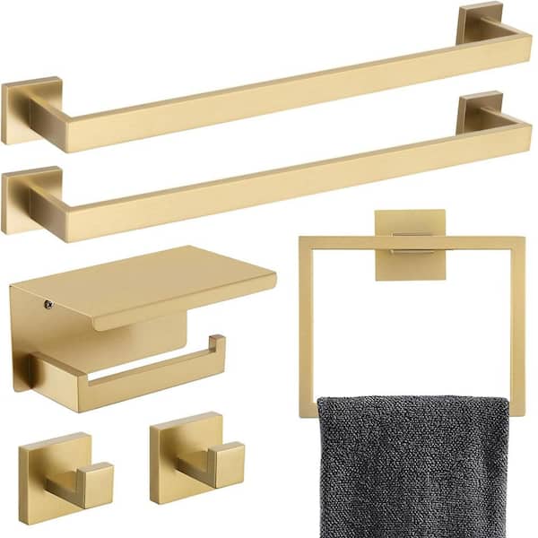 6-Piece Wall Mount Stainless Steel Bath Hardware Set w/ 2 Towel Bar, Ring, Hook and Toilet Paper Holder in Gold