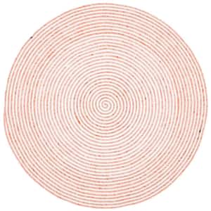 Braided Red Ivory Doormat 3 ft. x 3 ft. Abstract Striped Round Area Rug