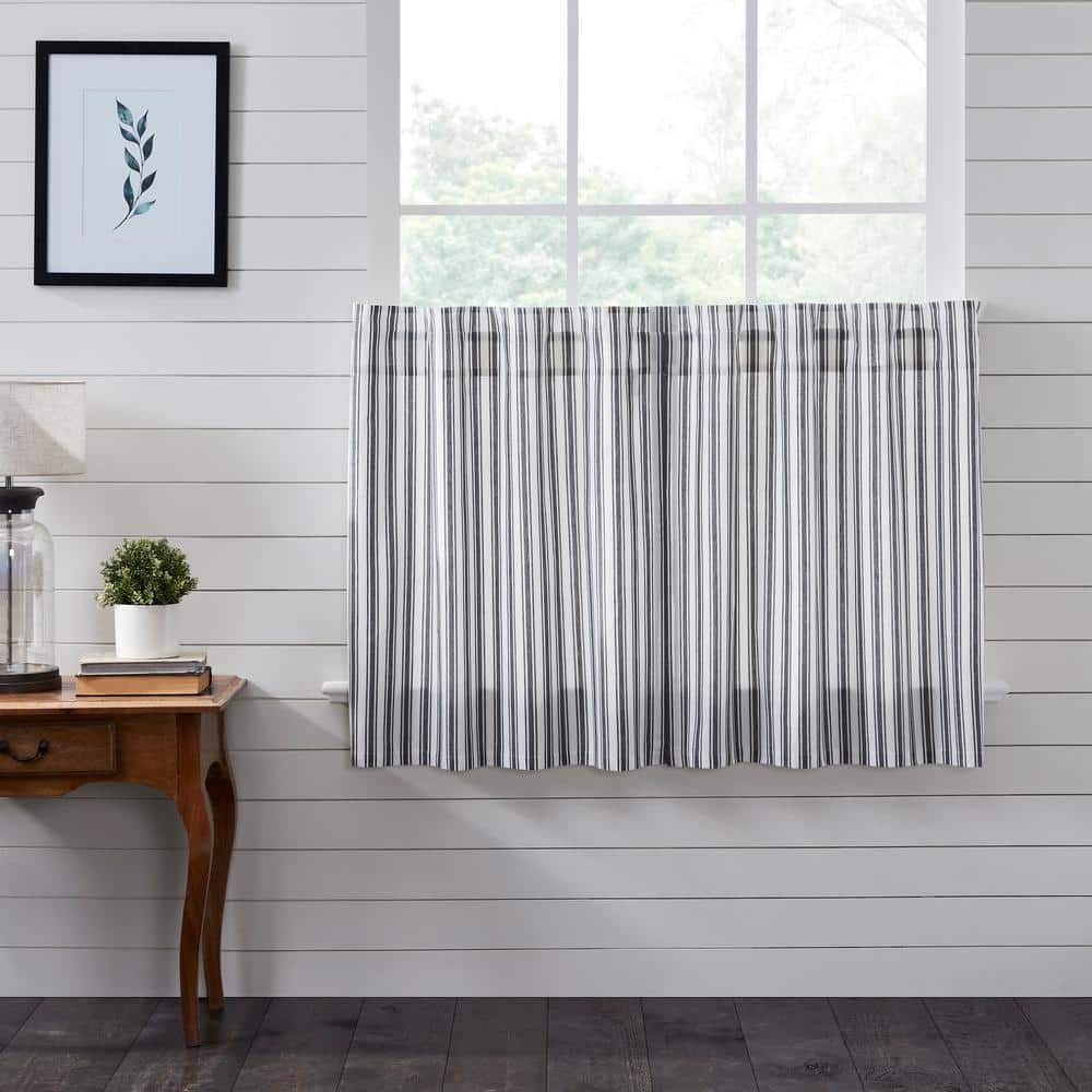 VHC BRANDS Sawyer Mill Ticking Stripe 36 in. W x 36 in. L Light Filtering  Tier Window Panel in Country Black Soft White Pair 80486 The Home Depot