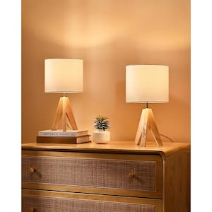 14.2 in. Plain Wooden Base Table Lamp Set Beige Shade and Tripod (Set of 2)