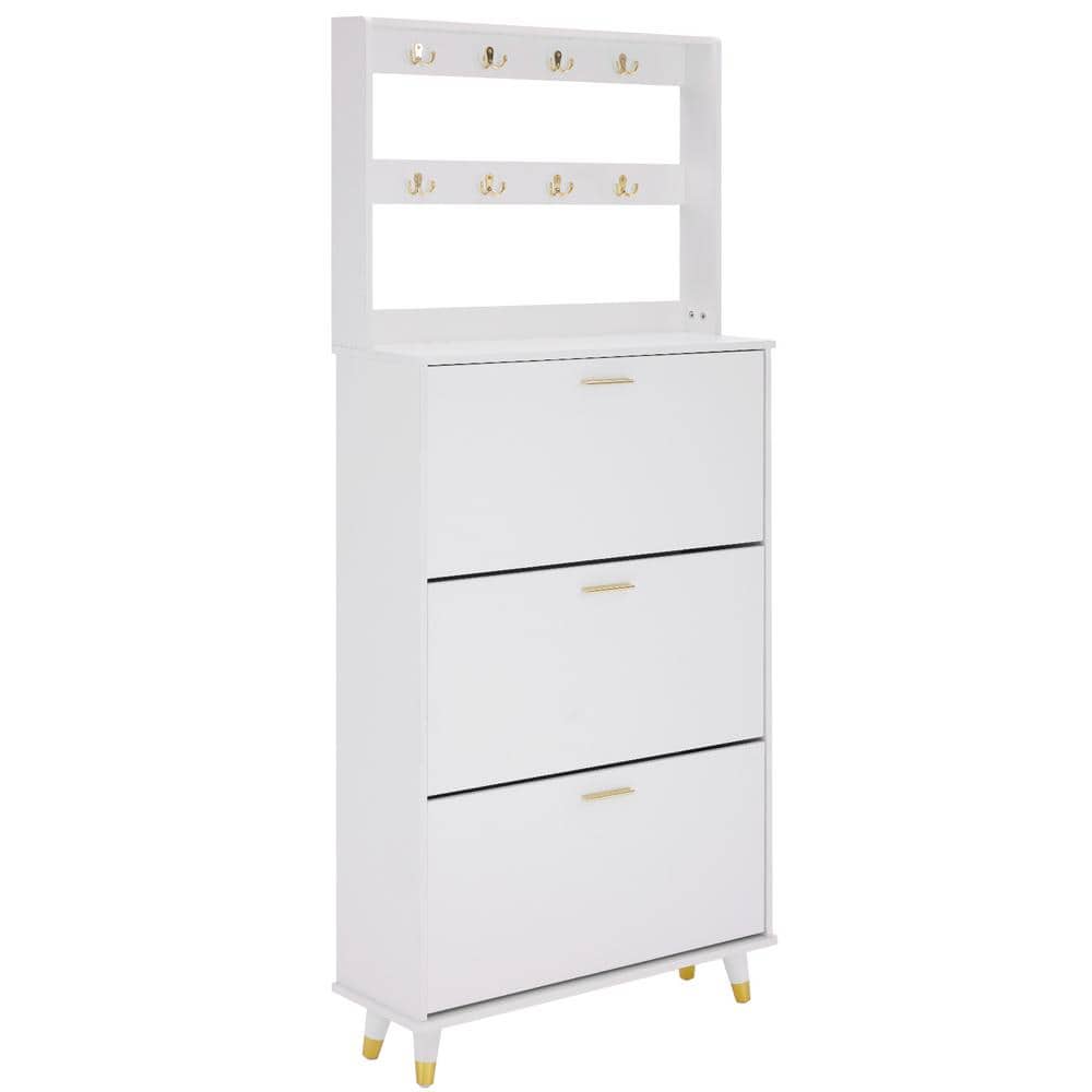 White Hall Tree with 3 Shoe Storage Cabinet and 8 Hooks