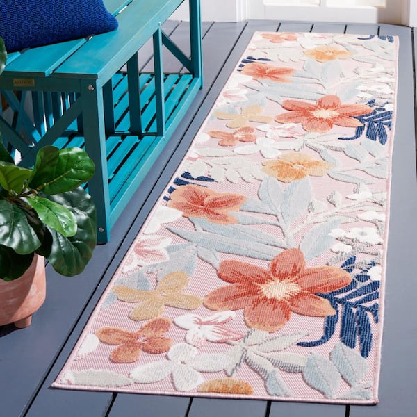 Cabana Pink/Gray 2 ft. x 9 ft. High-Low Floral Leaf Indoor/Outdoor Runner Rug