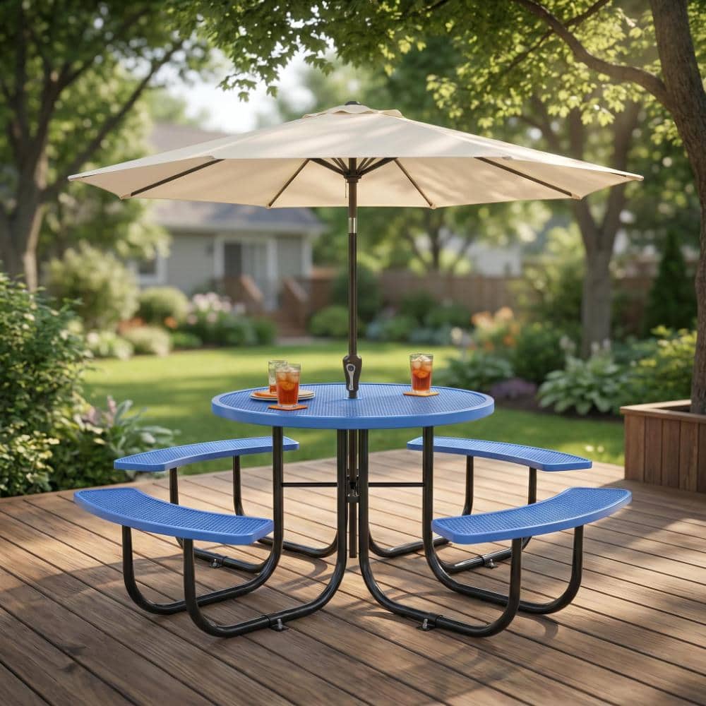 Blue 46-inch Round Steel Picnic Table & Chair Set with Umbrella Hole Seats 4-8 People Perfect for Parks, School price history on PriceWatchPro