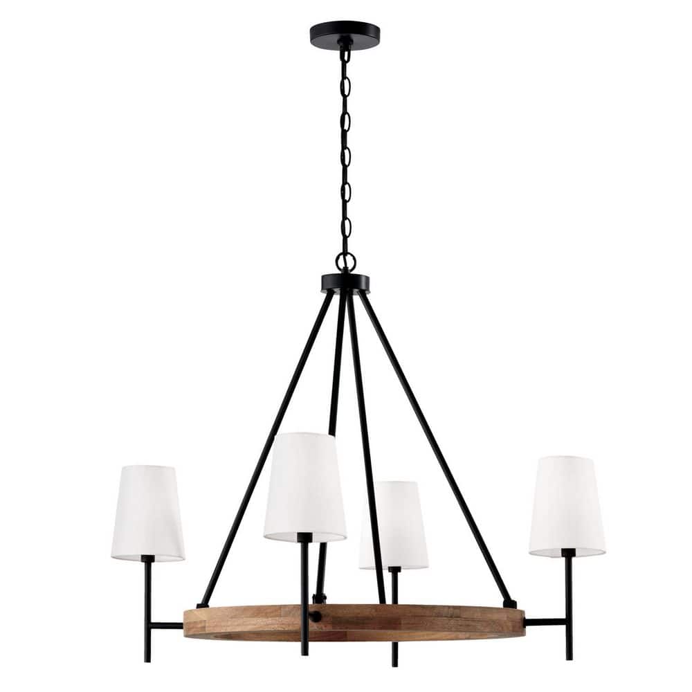 Jonah 35 in. 4-Light Matte Black and Mango Wood Chandelier with White Fabric Shades and No Bulbs Included price history on PriceWatchPro