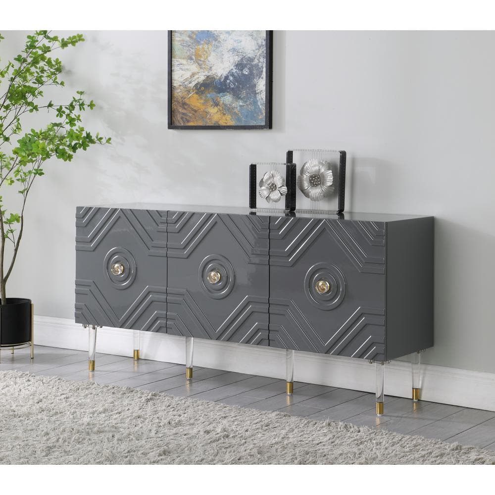 Gray High Gloss Sideboard with Gold Accents and Acrylic Legs