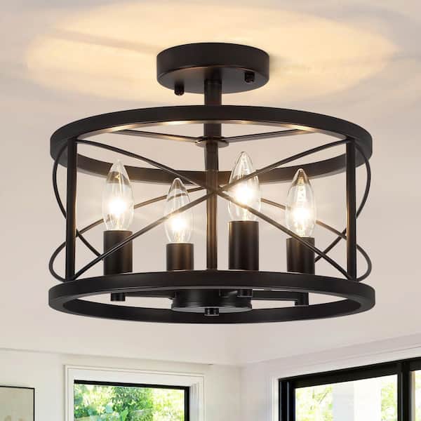 13 in. 4-Light Black Drum Semi Flush Mount Ceiling Light with No Bulbs Included