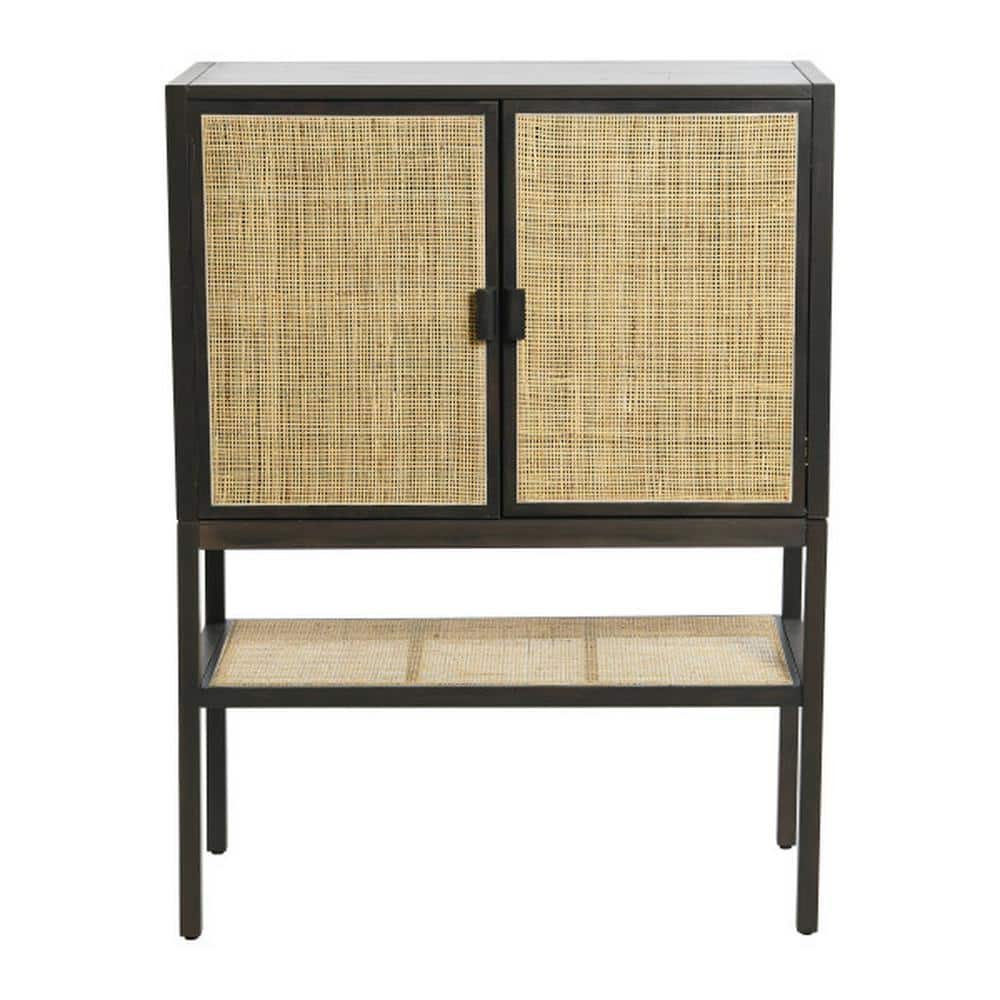 Gray Pine Wood Cabinet with Natural Rattan Details
