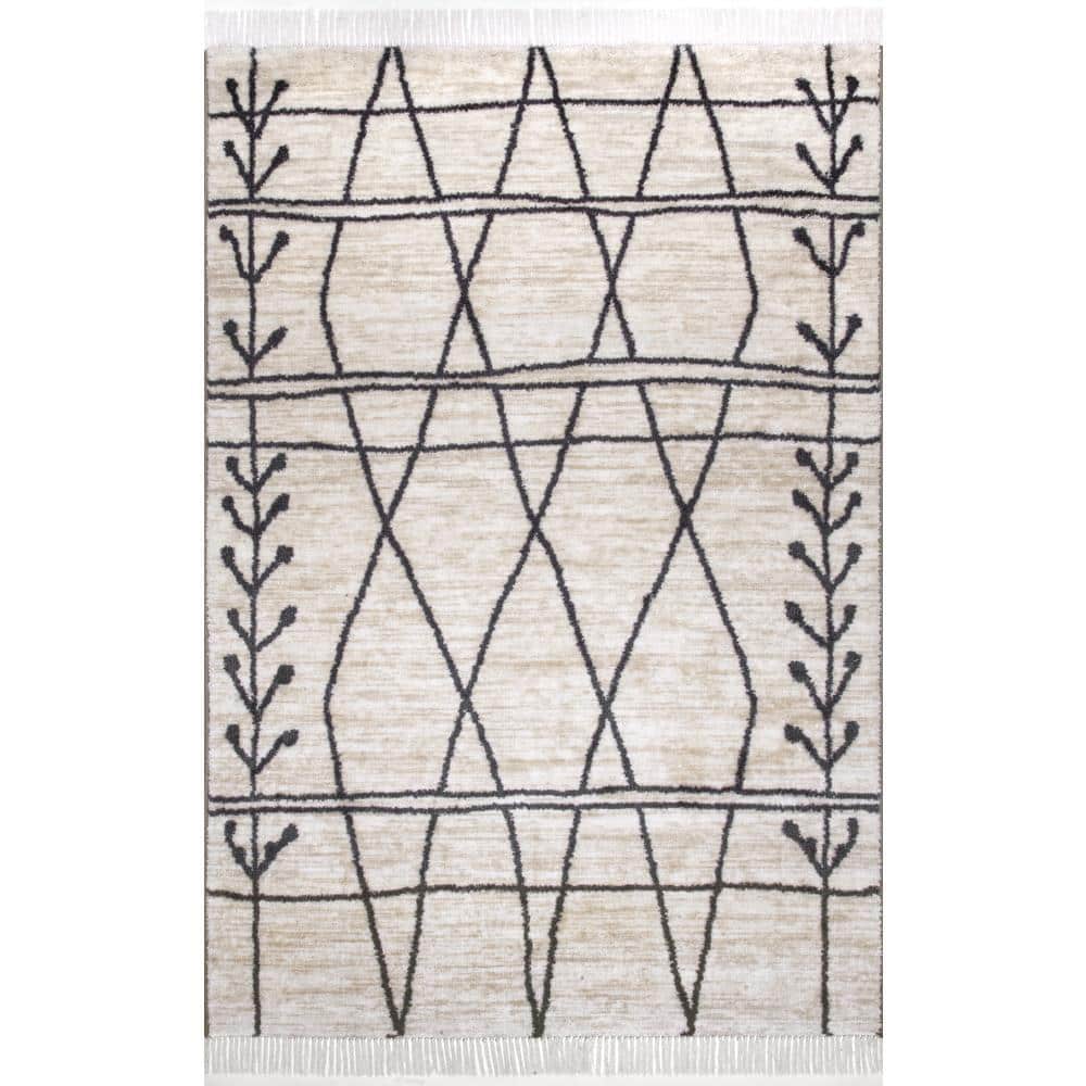 Beige and Black Rectangular Synthetic Area Rug