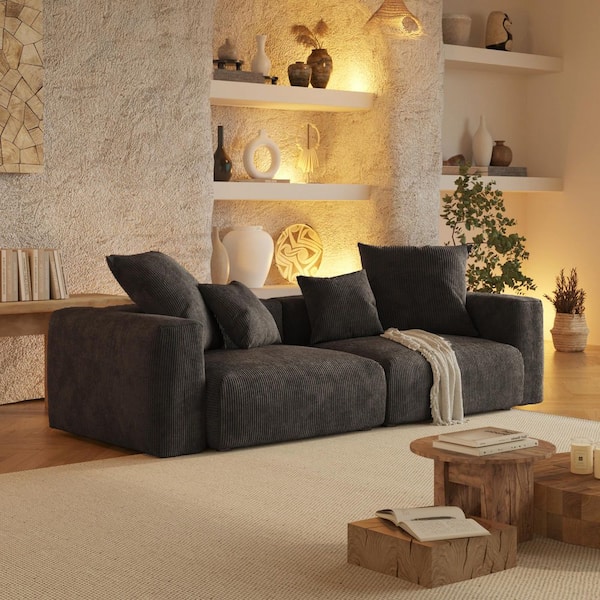 Modular 102 in. Corduroy 2-Seater Loveseat Minimalism Floor Couch in Black with Detachable Covers, Wide Armrests
