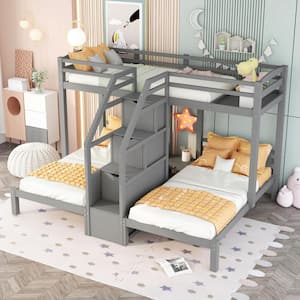 Gray Wood Twin over Twin and Twin Triple Bunk Bed with Storage Stairs and Small Desk Built in Drawer