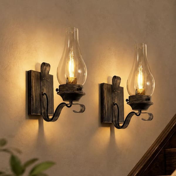 5 in. 1-Light Oil Rubbed Bronze Wall Sconces Set of 2, Vintage Amber Glass Indoor Wall Lights for Bathroom Living Room