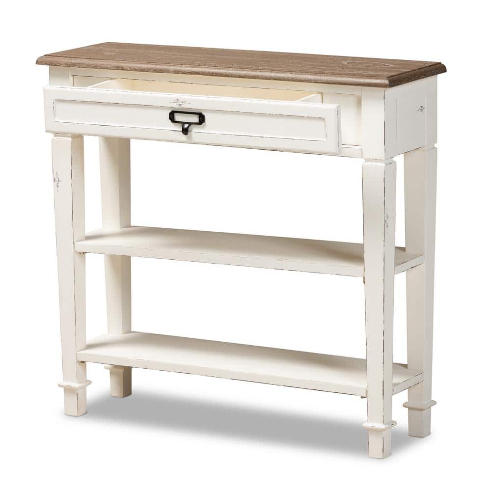 Distressed White and Natural Wood Console Table with Storage