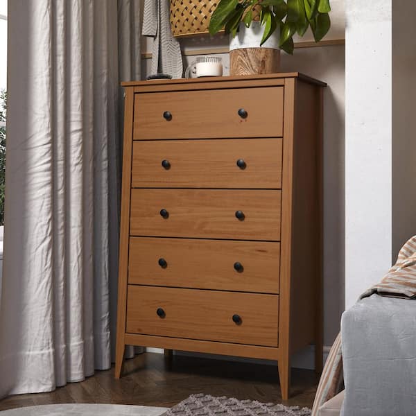 Jela Solid Wood 5 Drawer Dresser - Caramel Jela Solid Wood 5 Drawer Dresser - Caramel