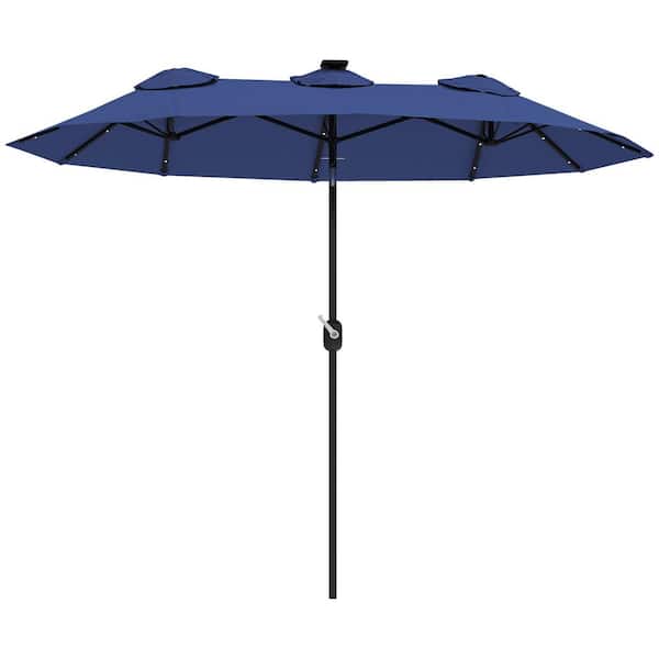 Outsunny 9.7 ft. Double Sided Patio Umbrella in Navy Blue, Large Outdoor Market Umbrella with LED Solar Light, Tilt and Crank