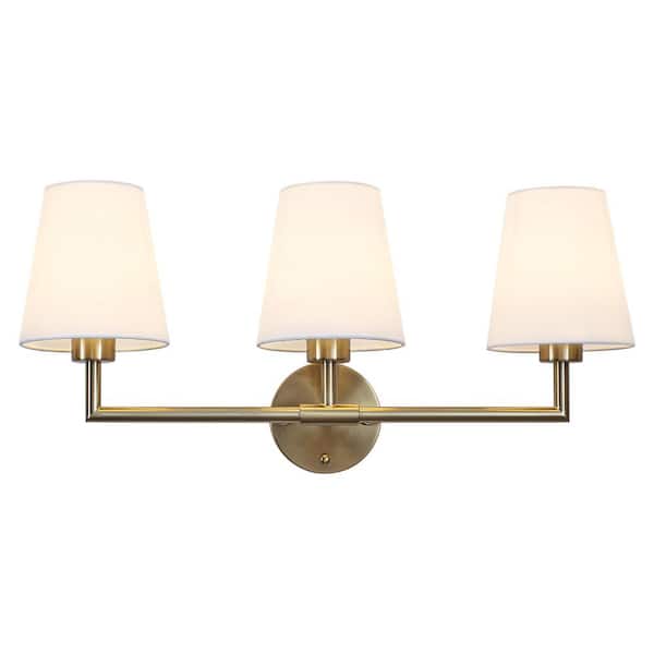 24.41 in. 3-Light Brass Modern Vanity Light Wall Sconces with White Fabric Shade for Bedroom Living Room Hallway