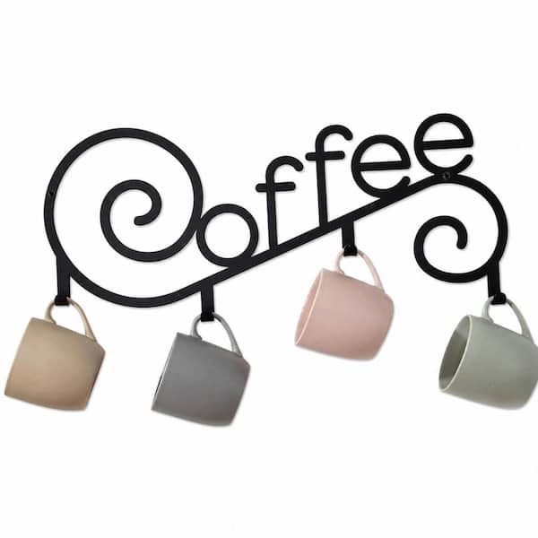 Wall Mounted Metal Coffee Mug Cup Holder with 4 Hooks, 15.75 in. W x 6.3 in. H Decorative Coffee Bar Rack