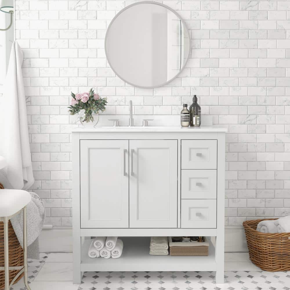 Vivien 36" White Composite Bathroom Vanity with Stone Top and Ceramic Sink