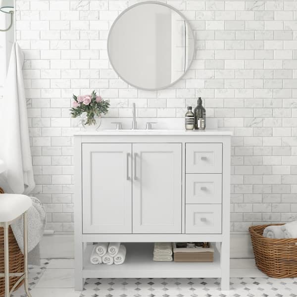 Carnegy Avenue 36 in. W x 19 in. D x 38 in. H Single Sink Freestanding Bath Vanity in White with White Stone Top