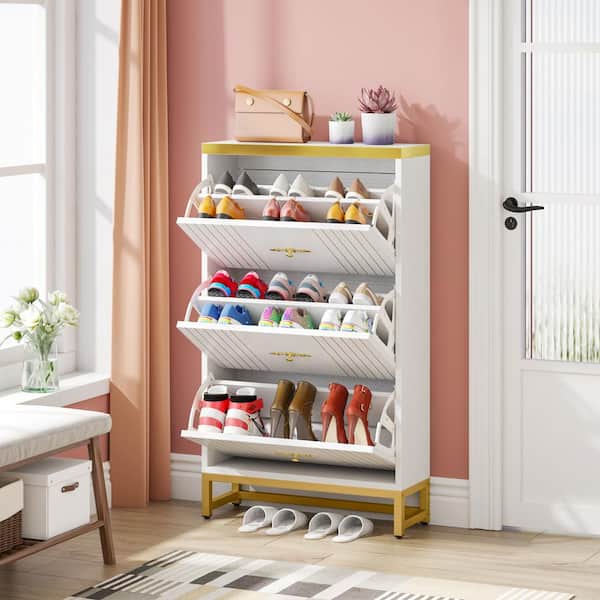 Wooden Shoe Cabinet, Freestanding Shoe Rack with 3 Flip Drawers & 5  shelvesWhite & Gold in 2023