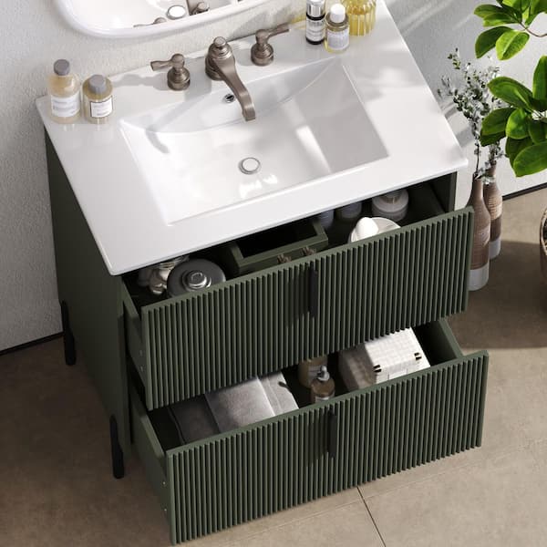 30 in. Single Sink Freestanding Green Bath Vanity with White Ceramic Top and 2 Drawers Cabinet Unassembled
