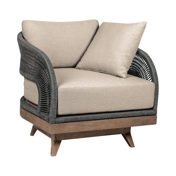 Kimi Brown and Taupe Swivel Eucalyptus Wood Outdoor Lounge Chair with Gray Cushion