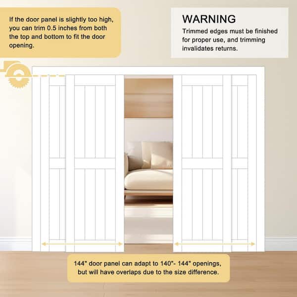 144 in. x 80 in. 1-Lite White Tempered Frosted Glass Closet Sliding Door with Hardware