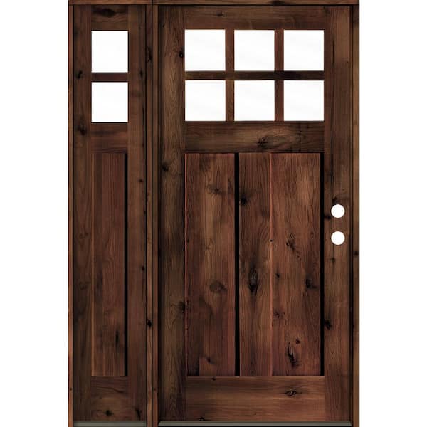 Krosswood Doors 50 in. x 80 in. Craftsman Alder 2 Panel Left Hand 6-Lite Clear Glass Red Mahogany Wood Prehung Front Door /Left Sidelite