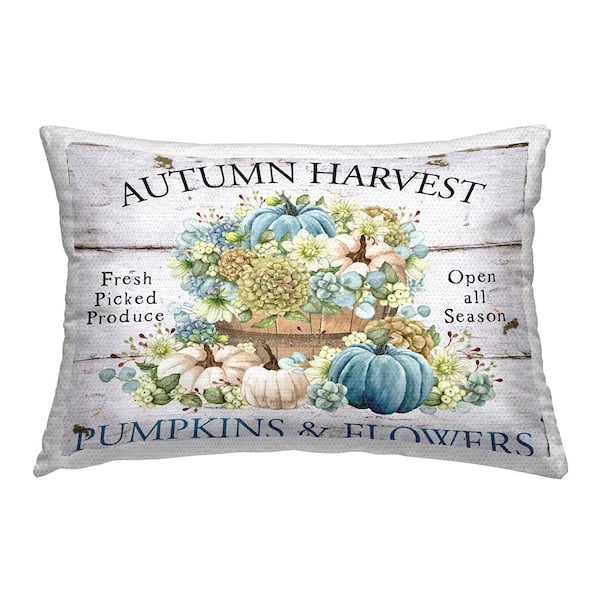 Pumpkins and Flowers Harvest Blue Rectangular Outdoor Throw Pillow