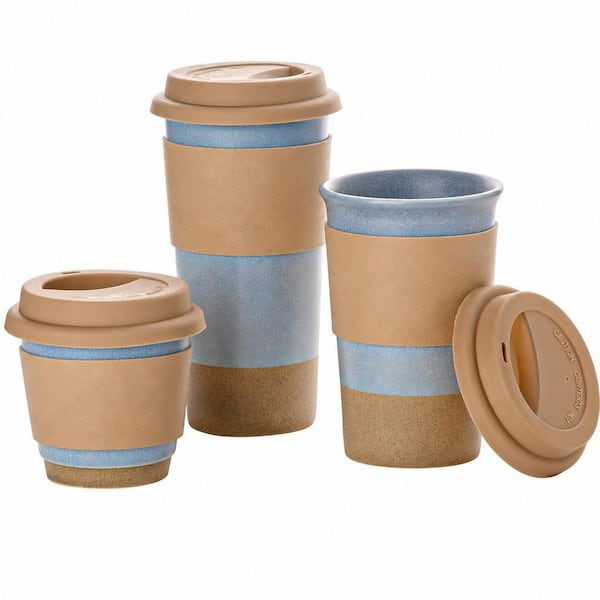 20 oz. Blue Ceramic Travel To GoCoffee Mug Set with Silicone Lid and Non-Slip Sleeve, Microwave Safe (Set of 3)