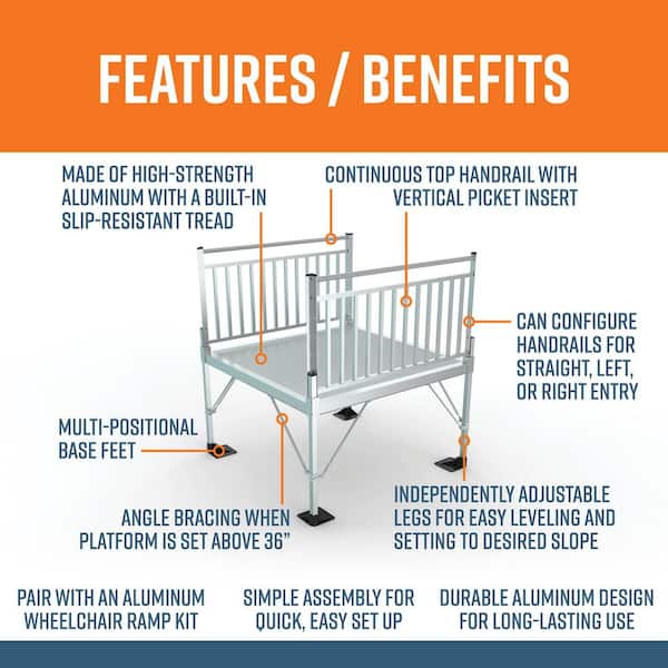 PATHWAY 3G 5 ft. x 5 ft. Solid Aluminum Platform with Vertical Picket Handrails