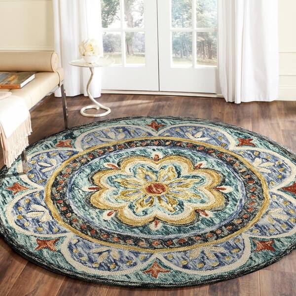 Lr Home Modern Blue 4 Ft Round Fl Medallion Border Wool Indoor Area Rug Dazzl54104blu40rd Wool Indoor Area Rug Dazzl54104blu40rd, 4 Ft Round Rugs Uk