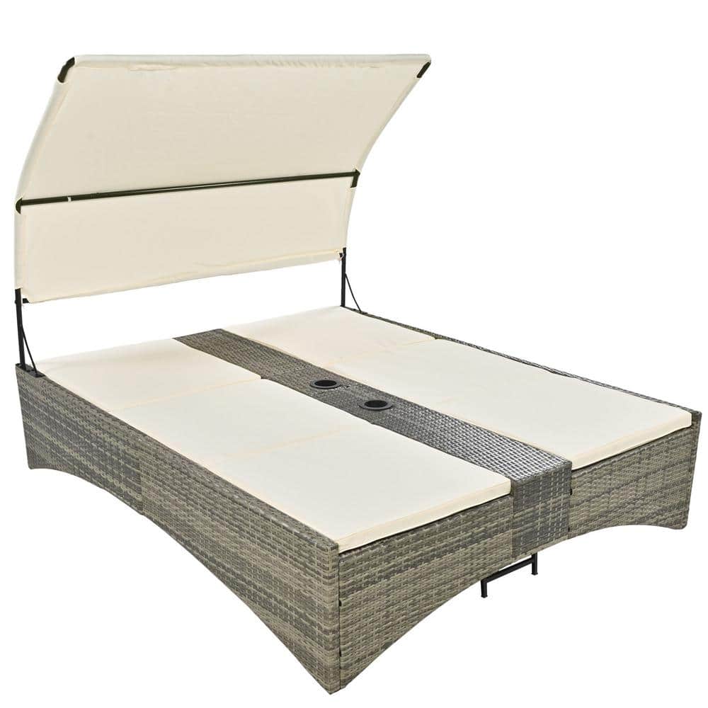 Gray Wicker Outdoor Day Bed Sun Lounger with Shelter Roof, Cream Cushions a