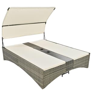 Gray Wicker Outdoor Day Bed Sun Lounger with Shelter Roof, Cream Cushions and Adjustable Backrest Seats 2
