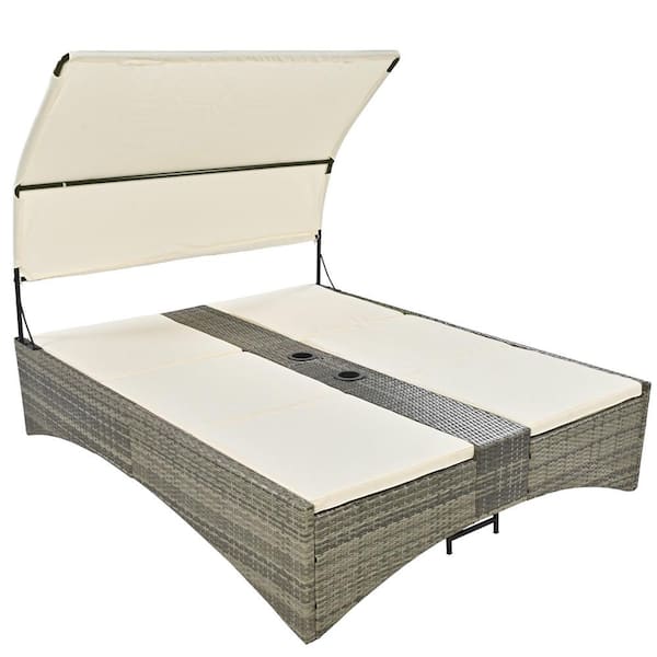Unbranded Gray Wicker Outdoor Day Bed Sun Lounger with Shelter Roof, Cream Cushions and Adjustable Backrest Seats 2