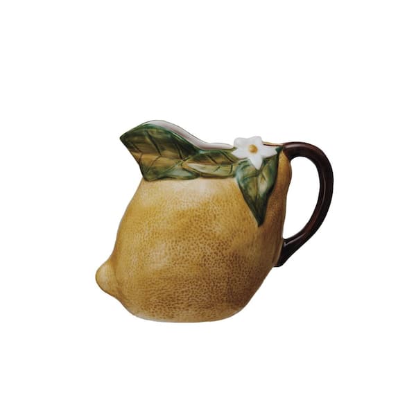 40 fl. oz. Yellow Hand-Painted Stoneware Lemon Shaped Pitcher with Flower