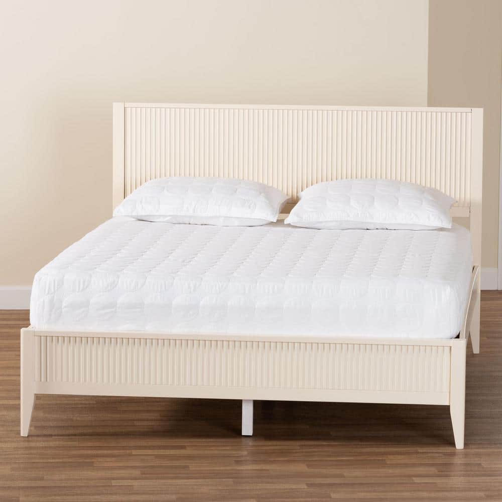 Ivory Fluted Wood King Platform Bed with Slats